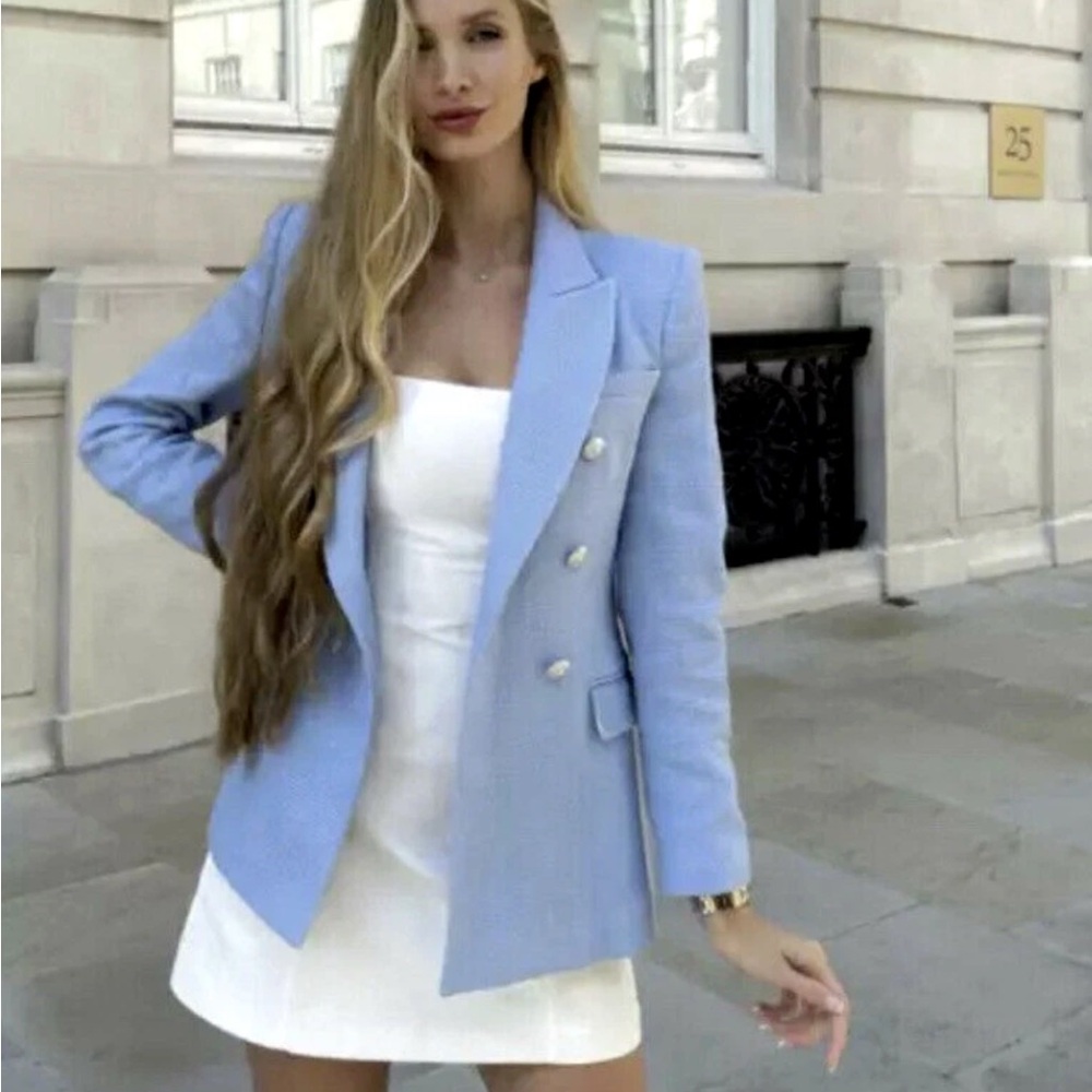 Zara sky blue textured tweed double breasted blazer. S .